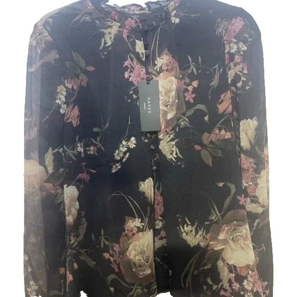 Haver Floral Black Blouse designer sheer blouse/lined under the bodice sz Lg NWT
